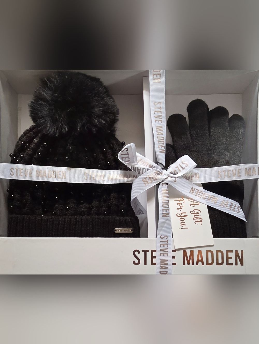 Steve Madden Black Pearl Pom-Pom Beanie With Gloves Gift Set